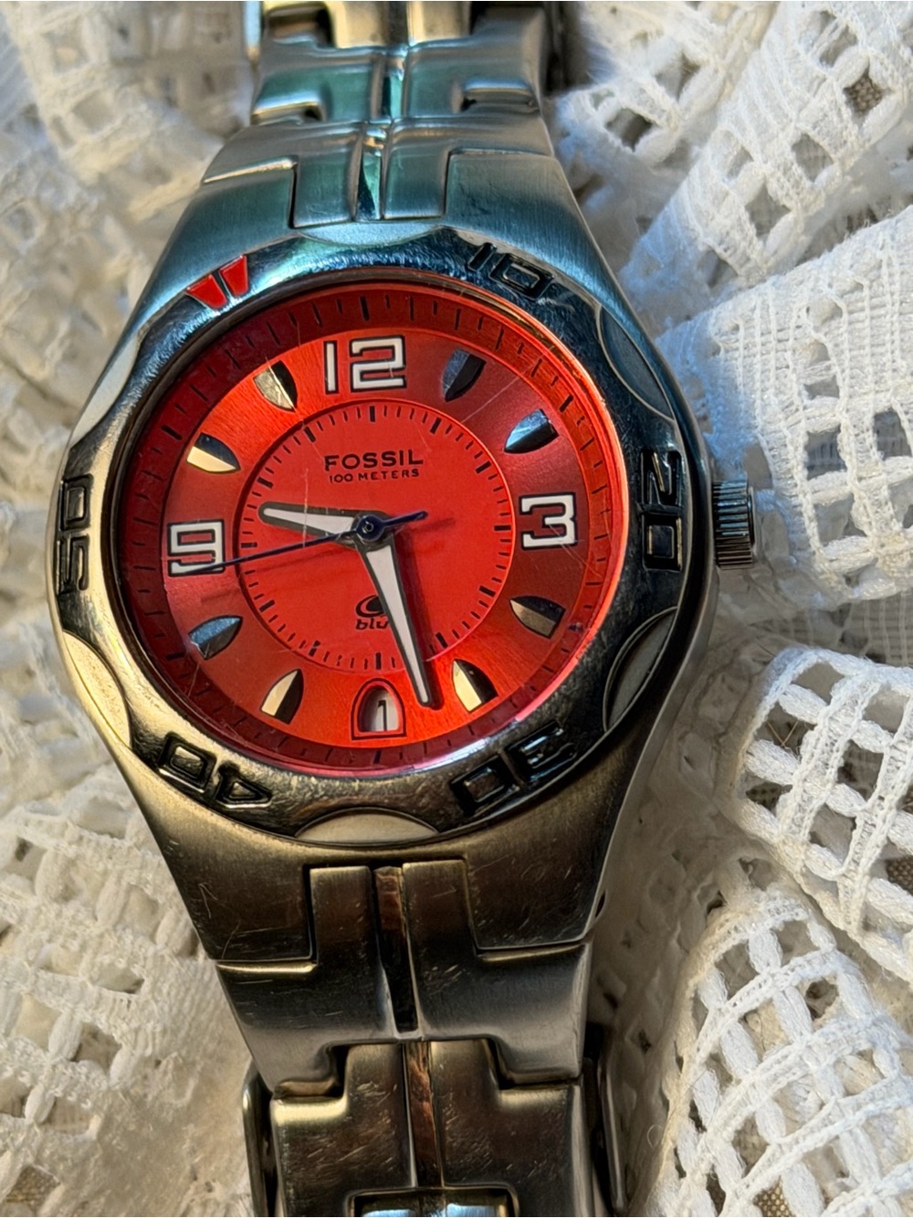Fossil Red Dial Stainless Steel Bracelet Watch